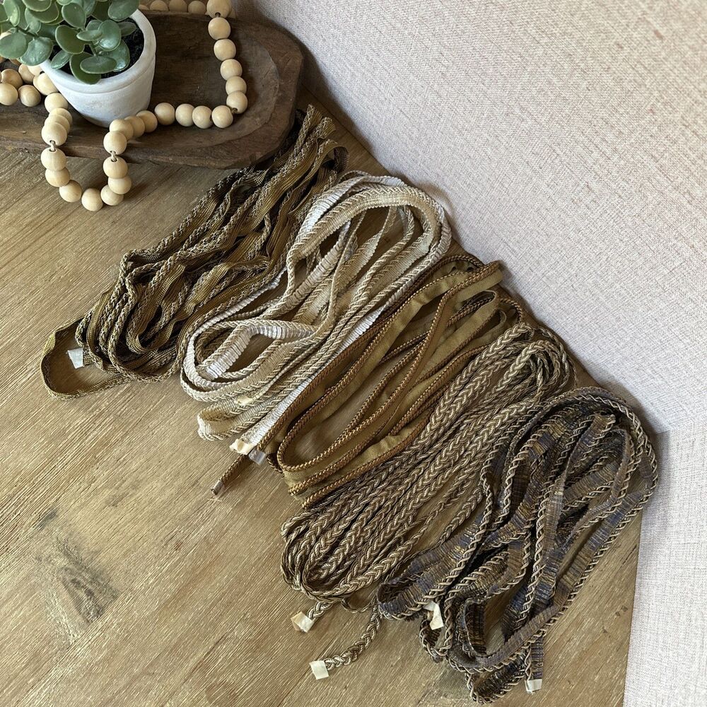 Vtg Upholstery Trim Lot 24+ Yds Gold Gimp Braid Lip Cord Fringe Craft Destash